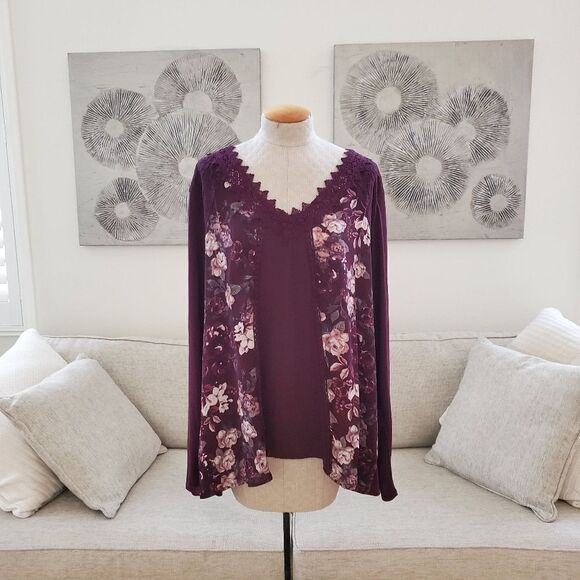 NEW! Marucies Crochet & Lace Floral Long Sleeve Blouse - size 4X in Purple - Picture 2 of 12